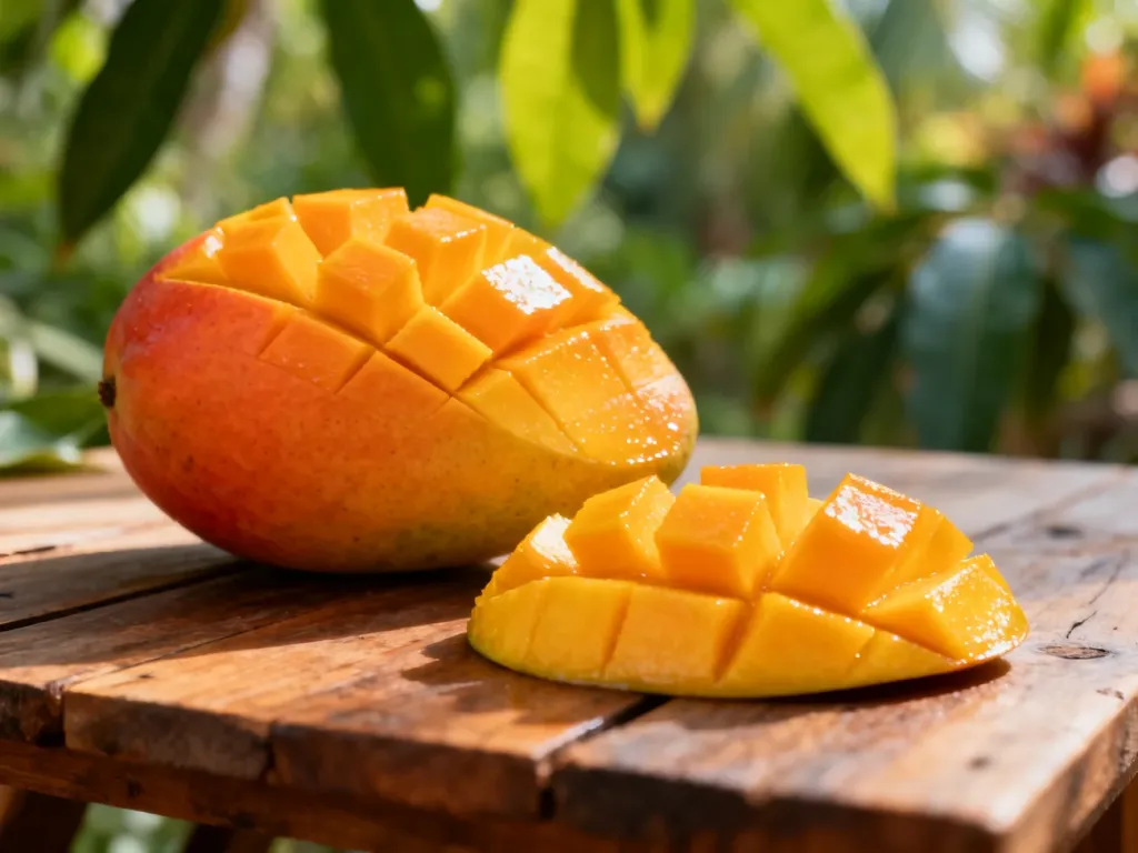 Soczyste kawałki dojrzałego mango na drewnianym stole w otoczeniu tropikalnej zieleni.