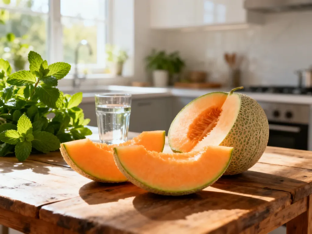 Pokrojony świeży melon kantalupa na drewnianym stole w słonecznej kuchni.